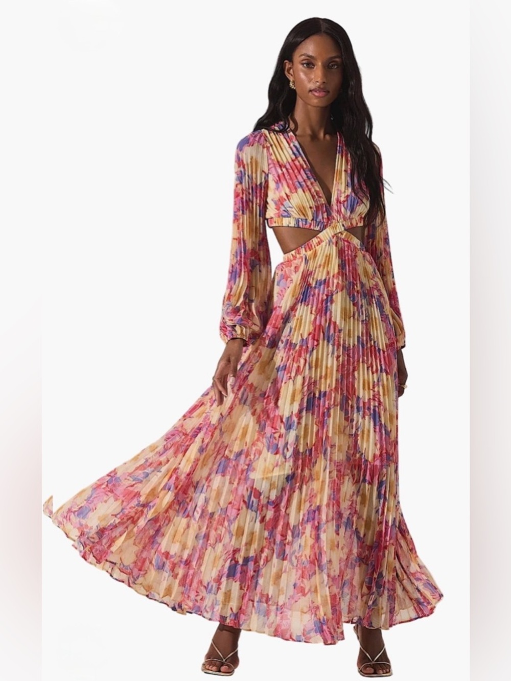 ASTR THE LABEL  Floral Pleated Maxi Dress in Yellow, Pink, Purple